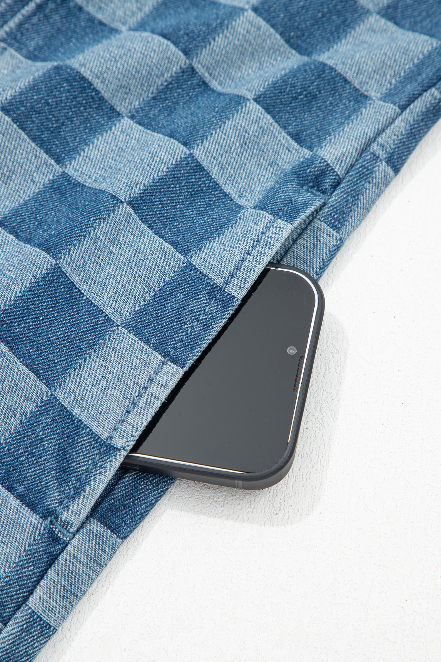 Sky Blue Checkered Denim Mini Dress for Women – Casual Summer Style for Daily Wear - Detail View 10 Sky Blue Checkered Denim Mini Dress for Women – Casual Summer Style for Daily Wear - Detail View 10