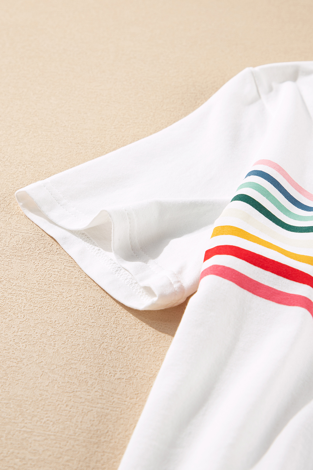 Women's White Rainbow Stripe Print Contrast Crewneck T-Shirt - Casual Summer Style - Detail View 9 Women's White Rainbow Stripe Print Contrast Crewneck T-Shirt - Casual Summer Style - Detail View 9