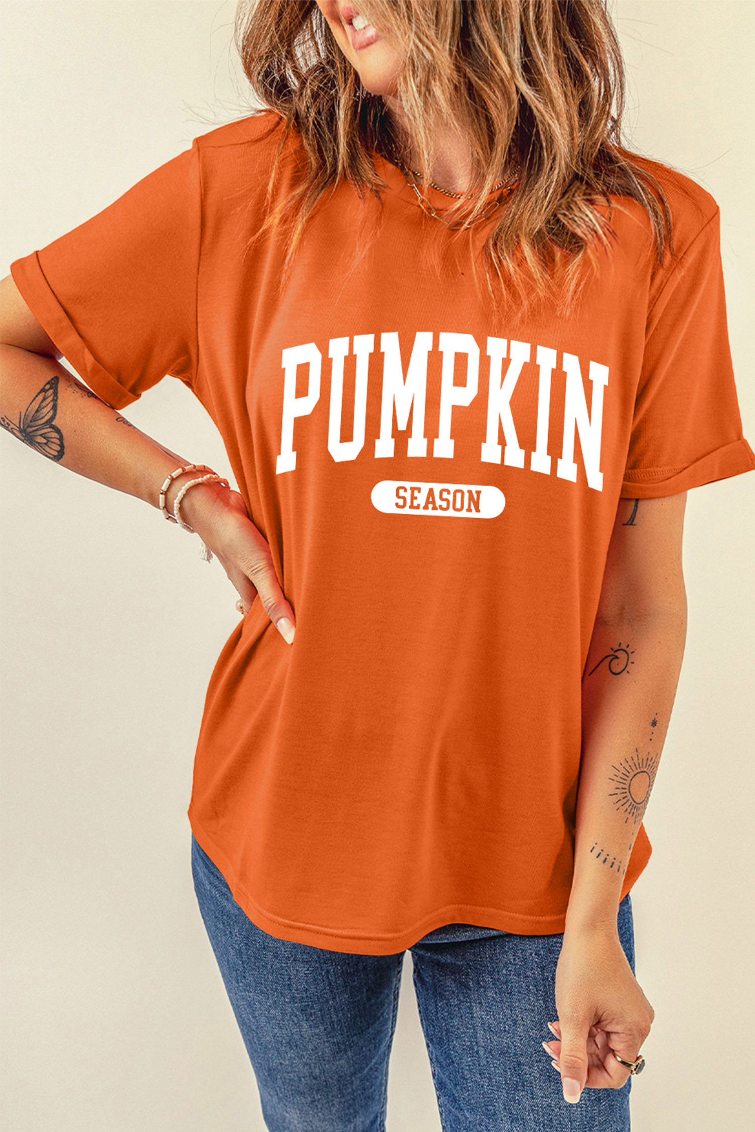 Graphic Letter Print Tee, Women's Casual Orange Autumn Top - Detail View 5 Graphic Letter Print Tee, Women's Casual Orange Autumn Top - Detail View 5