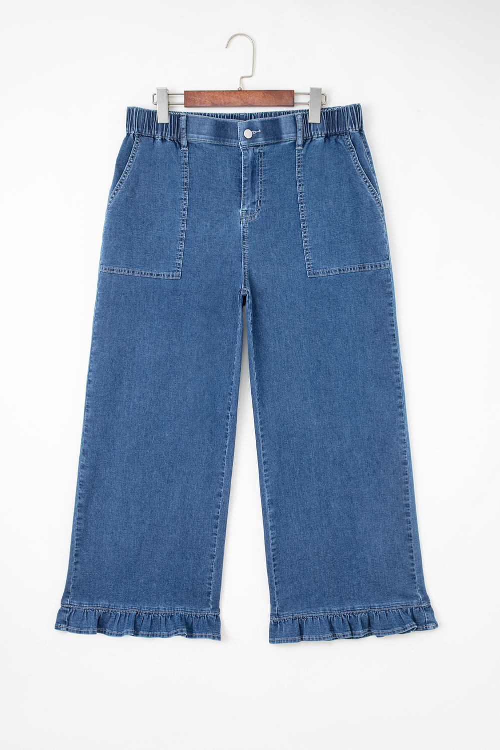 Stylish Sail Blue Plus Size Denim Pants with Elastic Waist – Ruffled Wide Leg Design - Detail View 18 Stylish Sail Blue Plus Size Denim Pants with Elastic Waist – Ruffled Wide Leg Design - Detail View 18