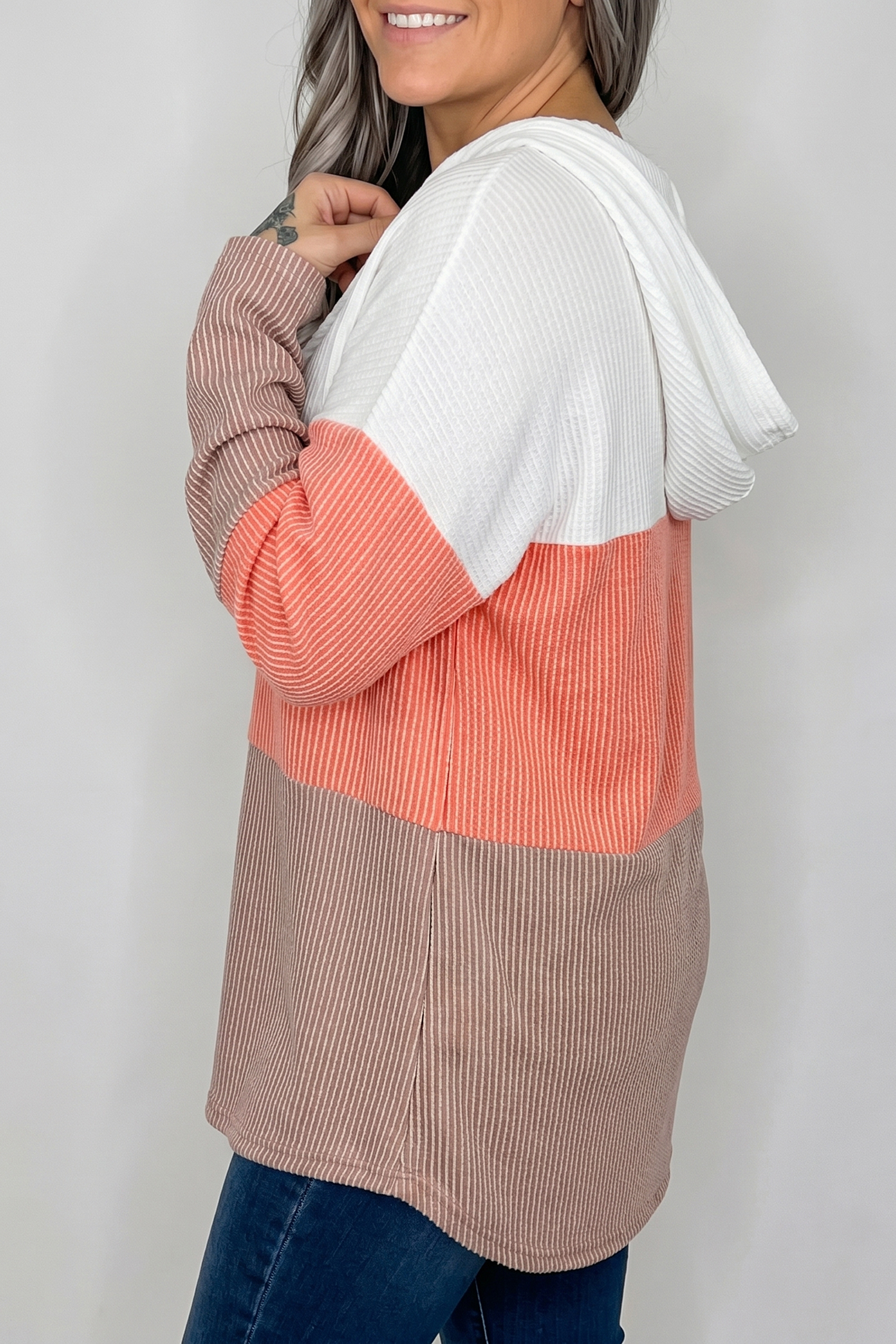 Colorblock Women's Hoodie, Trendy Long Sleeve Top - Detail View 5 Colorblock Women's Hoodie, Trendy Long Sleeve Top - Detail View 5