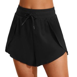 Women's Black High Waisted Drawstring 2-in-1 Color Block Bikini Shorts with Side Pocket - Main View