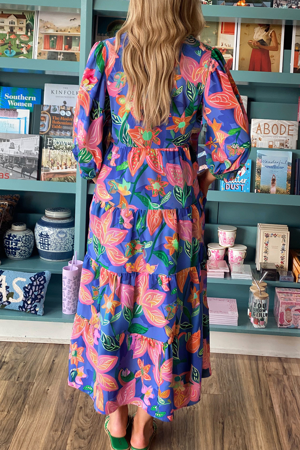 Women's Blue Floral Print 3/4 Sleeve V Neck Tiered Long Dress - Casual Southern Belle Style - Detail View 5 Women's Blue Floral Print 3/4 Sleeve V Neck Tiered Long Dress - Casual Southern Belle Style - Detail View 5