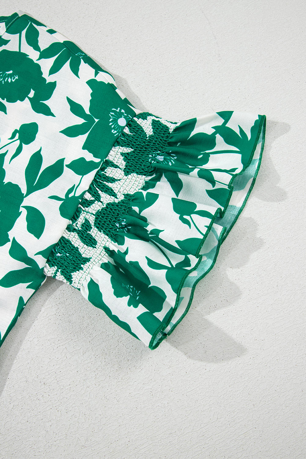 Women's Blouse, Green Floral, Ruffled Sleeve, Short Sleeve, Round Neck, Casual, Comfortable, Daily Wear, Summer Fashion, Elegant Design, Shift Silhouette, Polyester Material, Feminine Style - Detail View 8 Women's Blouse, Green Floral, Ruffled Sleeve, Short Sleeve, Round Neck, Casual, Comfortable, Daily Wear, Summer Fashion, Elegant Design, Shift Silhouette, Polyester Material, Feminine Style - Detail View 8