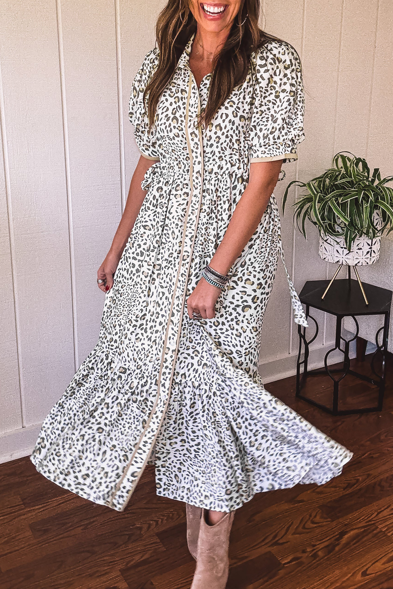 Chic White Leopard Print Summer Dress – High Waist Short Sleeve Midi with Button Details for Vacation Wear - Detail View 6 Chic White Leopard Print Summer Dress – High Waist Short Sleeve Midi with Button Details for Vacation Wear - Detail View 6