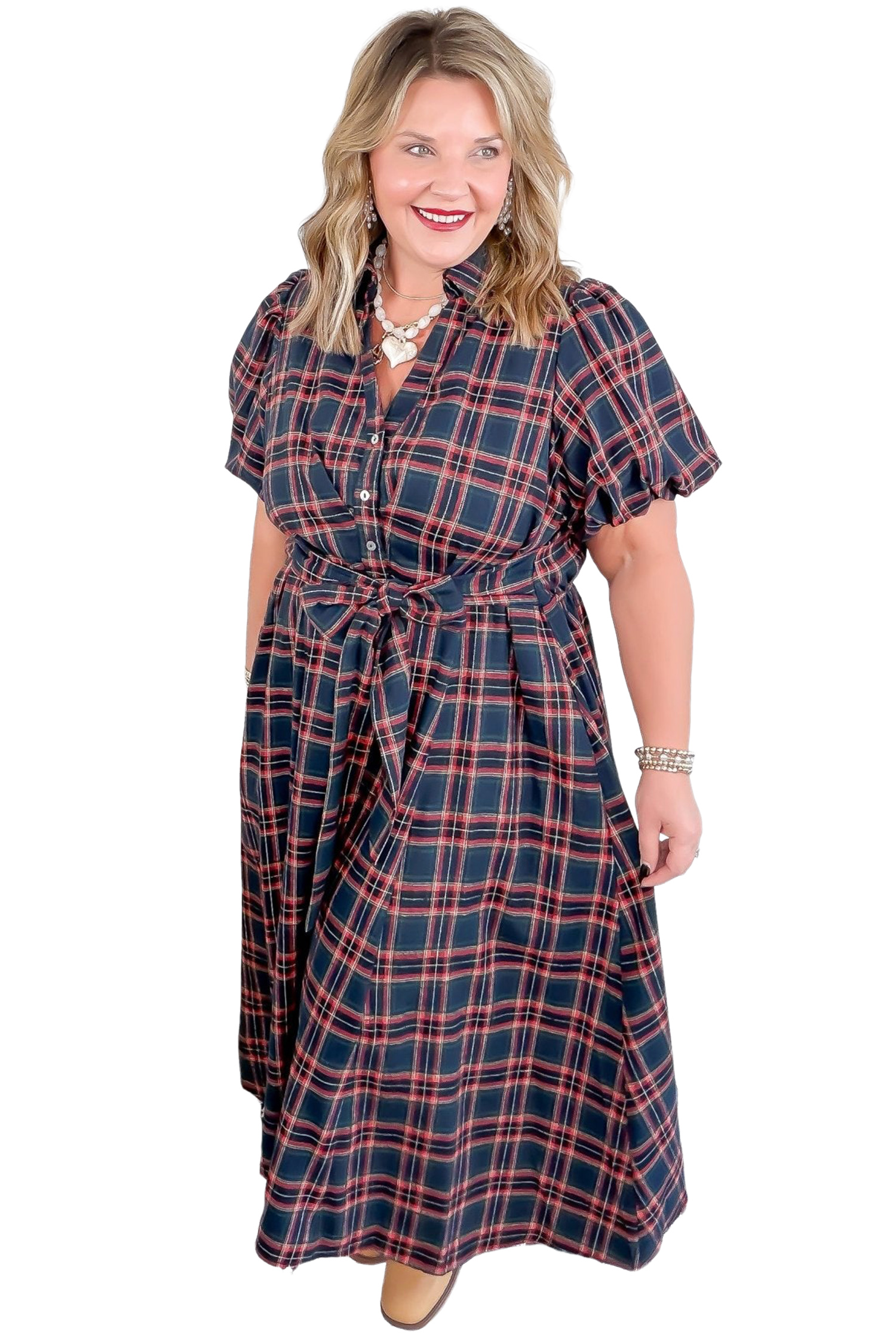 Plus Size Plaid Maxi Dress, V Neck Button Front Daily Wear - Detail View 11 Plus Size Plaid Maxi Dress, V Neck Button Front Daily Wear - Detail View 11