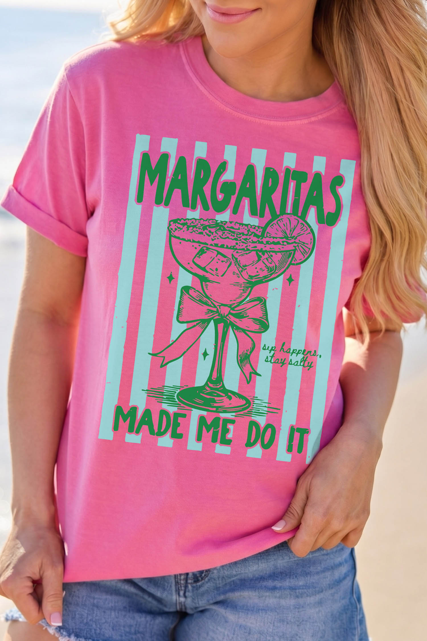 Casual Women's Rose Red T-Shirt – Fun "Margaritas Made Me Do It" Graphic Print, Short Sleeve Summer Top - Detail View 2 Casual Women's Rose Red T-Shirt – Fun "Margaritas Made Me Do It" Graphic Print, Short Sleeve Summer Top - Detail View 2