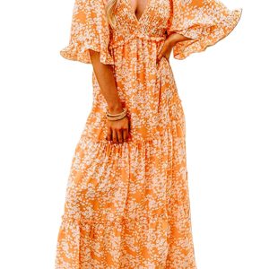 Women's Orange Floral Print Smocked V Neck Wide Sleeve Maxi Dress for Summer - Main View