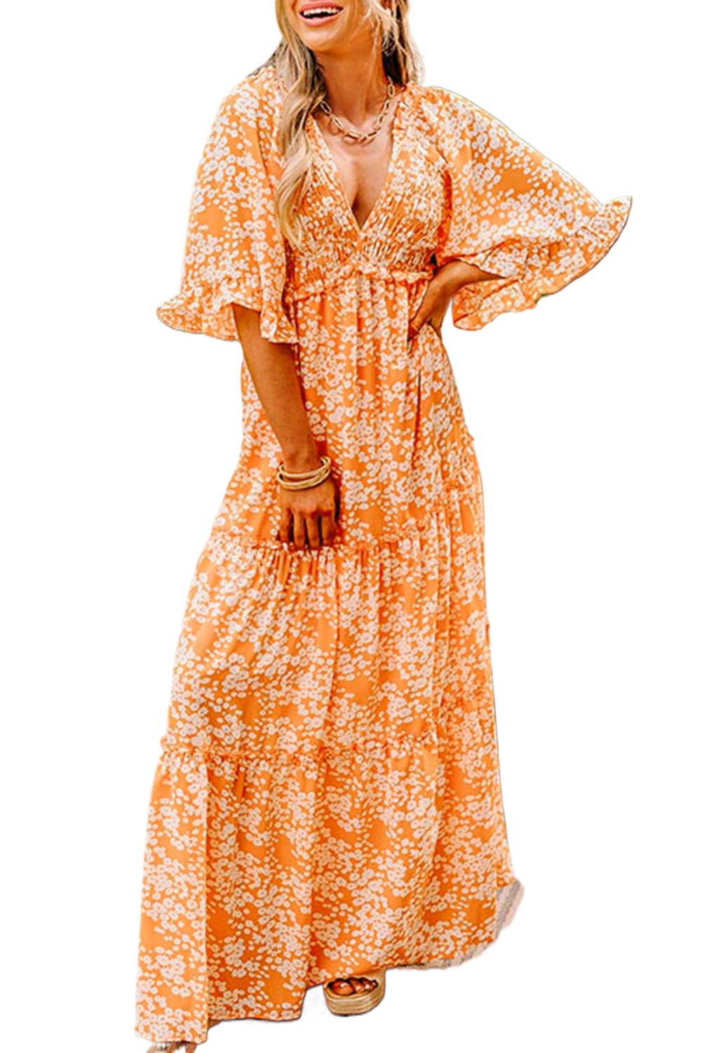 Women's Orange Floral Print Smocked V Neck Wide Sleeve Maxi Dress for Summer - Main View Women's Orange Floral Print Smocked V Neck Wide Sleeve Maxi Dress for Summer - Main View