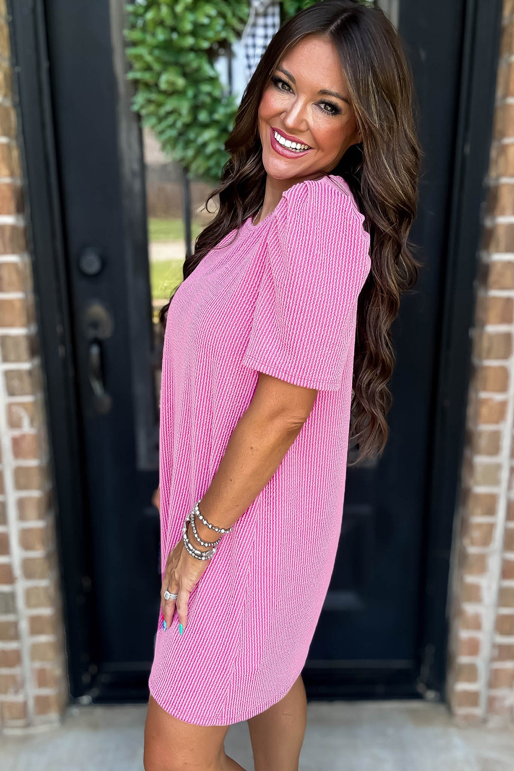 Luxurious Textured Corded Knit Dress - Flattering Crew Neck & Casual Style - Detail View 3 Luxurious Textured Corded Knit Dress - Flattering Crew Neck & Casual Style - Detail View 3