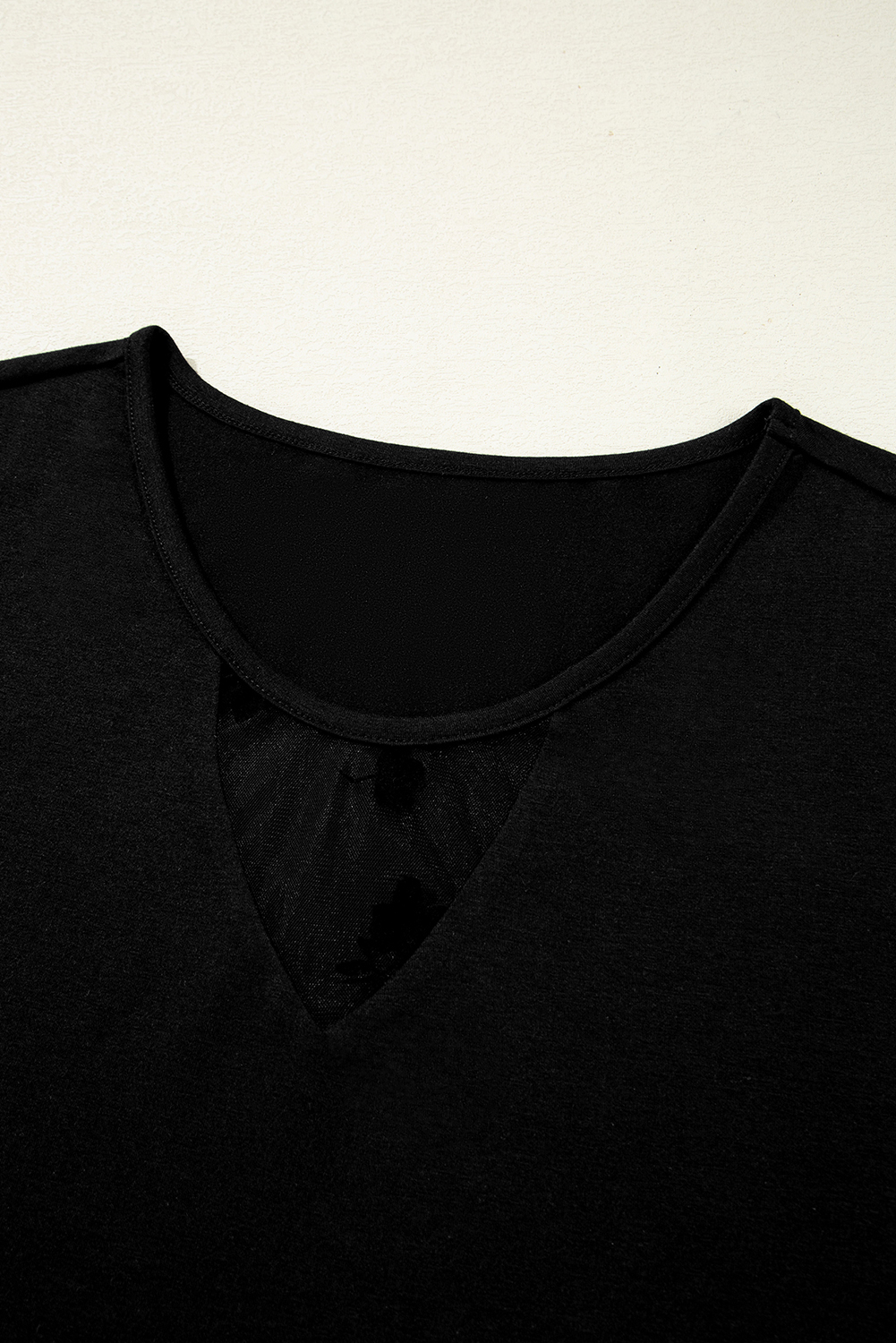 Elegant and Breathable Black Plus Size T-Shirt with Floral Mesh Cutouts - Detail View 6 Elegant and Breathable Black Plus Size T-Shirt with Floral Mesh Cutouts - Detail View 6