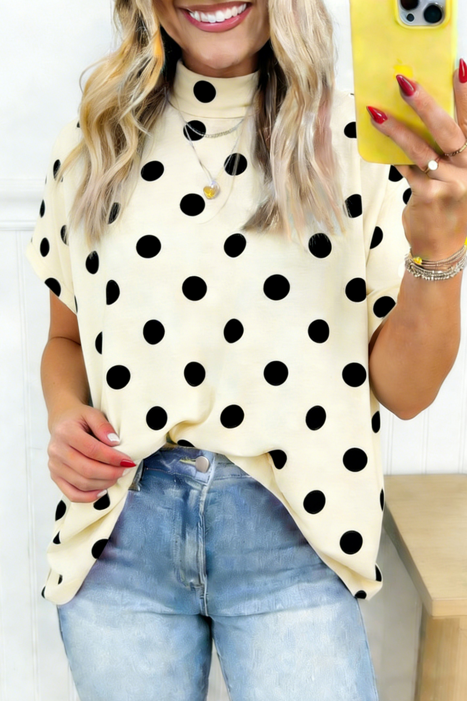 Women's Polka Dot Dolman Top - High Neck Short Sleeve Shirt - Detail View 2 Women's Polka Dot Dolman Top - High Neck Short Sleeve Shirt - Detail View 2