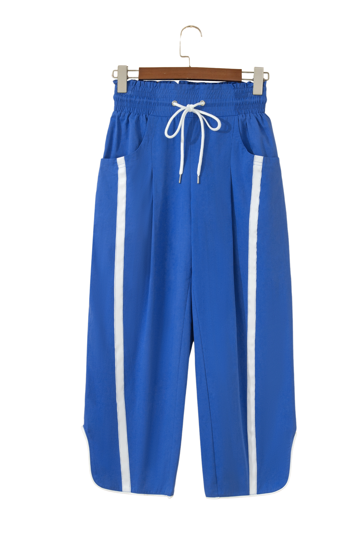 Women's Active Drawstring Cropped Pants - High Waist Smocked Cotton Trousers with Side Stripes - Detail View 5 Women's Active Drawstring Cropped Pants - High Waist Smocked Cotton Trousers with Side Stripes - Detail View 5