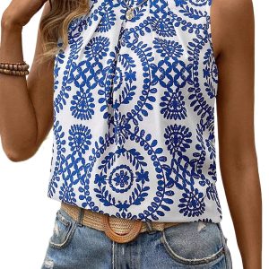 Women's Blue Vintage Print Pintuck Crew Neck Tank Top - Bohemian Style - Main View