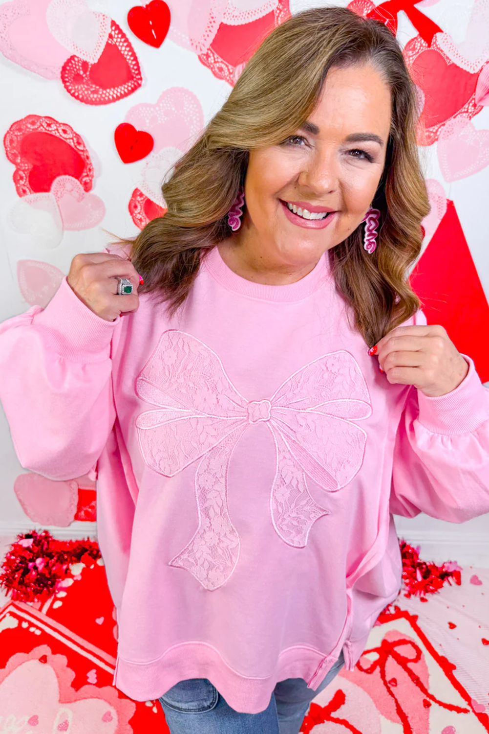 Plus Size Pink Big Bow Lace Embroidered Dolman Sleeve Sweatshirt for Women - Detail View 5 Plus Size Pink Big Bow Lace Embroidered Dolman Sleeve Sweatshirt for Women - Detail View 5