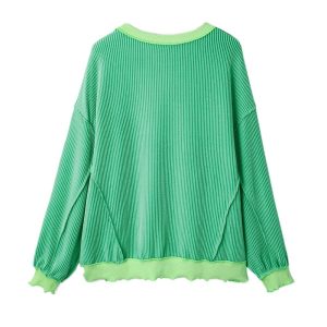 Casual Bright Green Twisted Rib Knit Top for Women – Stylish Drop Shoulder Design - Main View