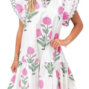 Women's Floral V-Neck Mini Dress – Scalloped Embroidery Trim, Cotton Blend Shift Dress for Vacation - Main View
