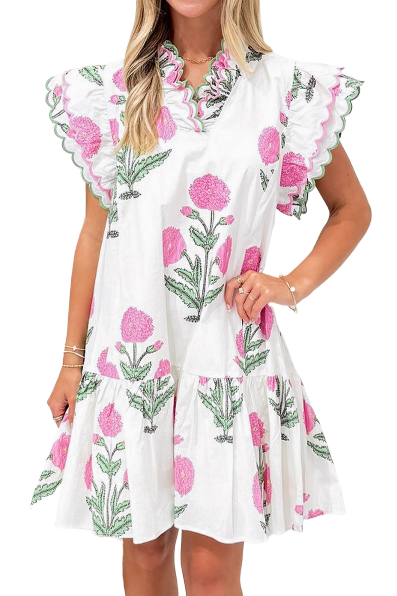 Women's Floral V-Neck Mini Dress – Scalloped Embroidery Trim, Cotton Blend Shift Dress for Vacation - Main View Women's Floral V-Neck Mini Dress – Scalloped Embroidery Trim, Cotton Blend Shift Dress for Vacation - Main View