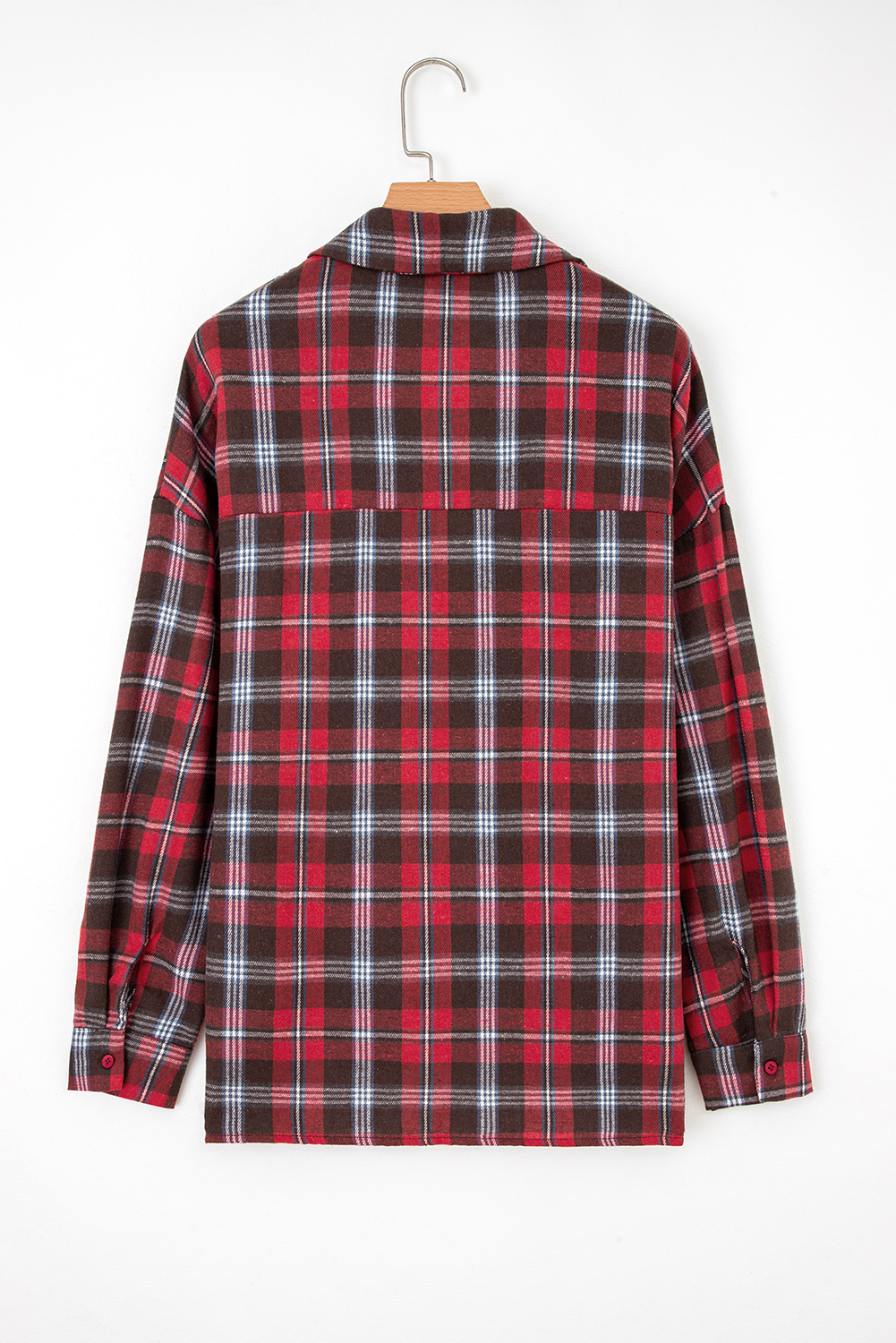 Casual Red Plaid Print Collared V Neck Blouse with Side Slits for Women - Detail View 5 Casual Red Plaid Print Collared V Neck Blouse with Side Slits for Women - Detail View 5