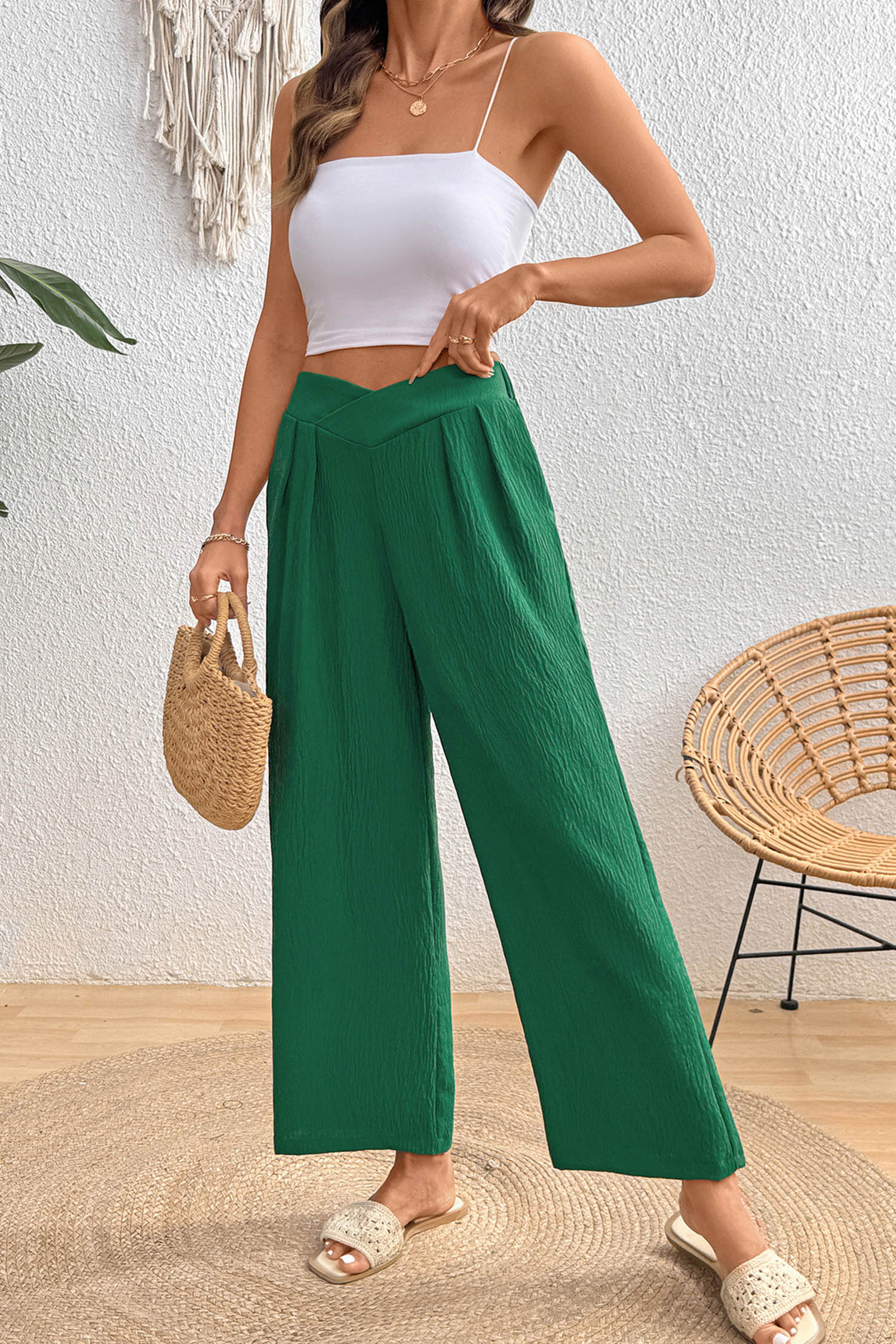 Women's Evergreen Solid Color Loose Pants – Casual Crisscross Waist Design for Everyday Comfort - Detail View 13 Women's Evergreen Solid Color Loose Pants – Casual Crisscross Waist Design for Everyday Comfort - Detail View 13