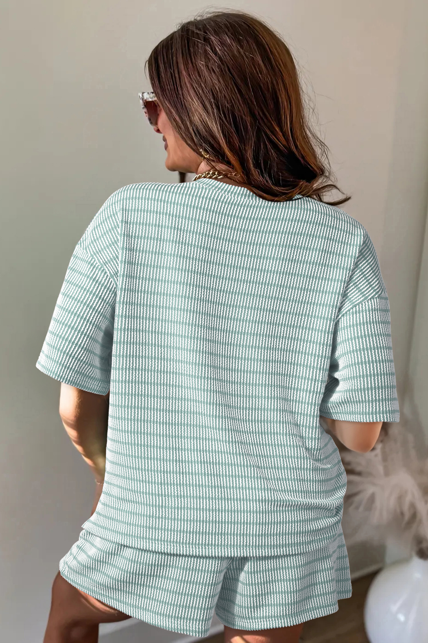 Green Striped Summer Lounge Set for Women – Short Sleeve Ribbed Top and Elastic Waist Shorts, Relaxed Fit - Detail View 2 Green Striped Summer Lounge Set for Women – Short Sleeve Ribbed Top and Elastic Waist Shorts, Relaxed Fit - Detail View 2