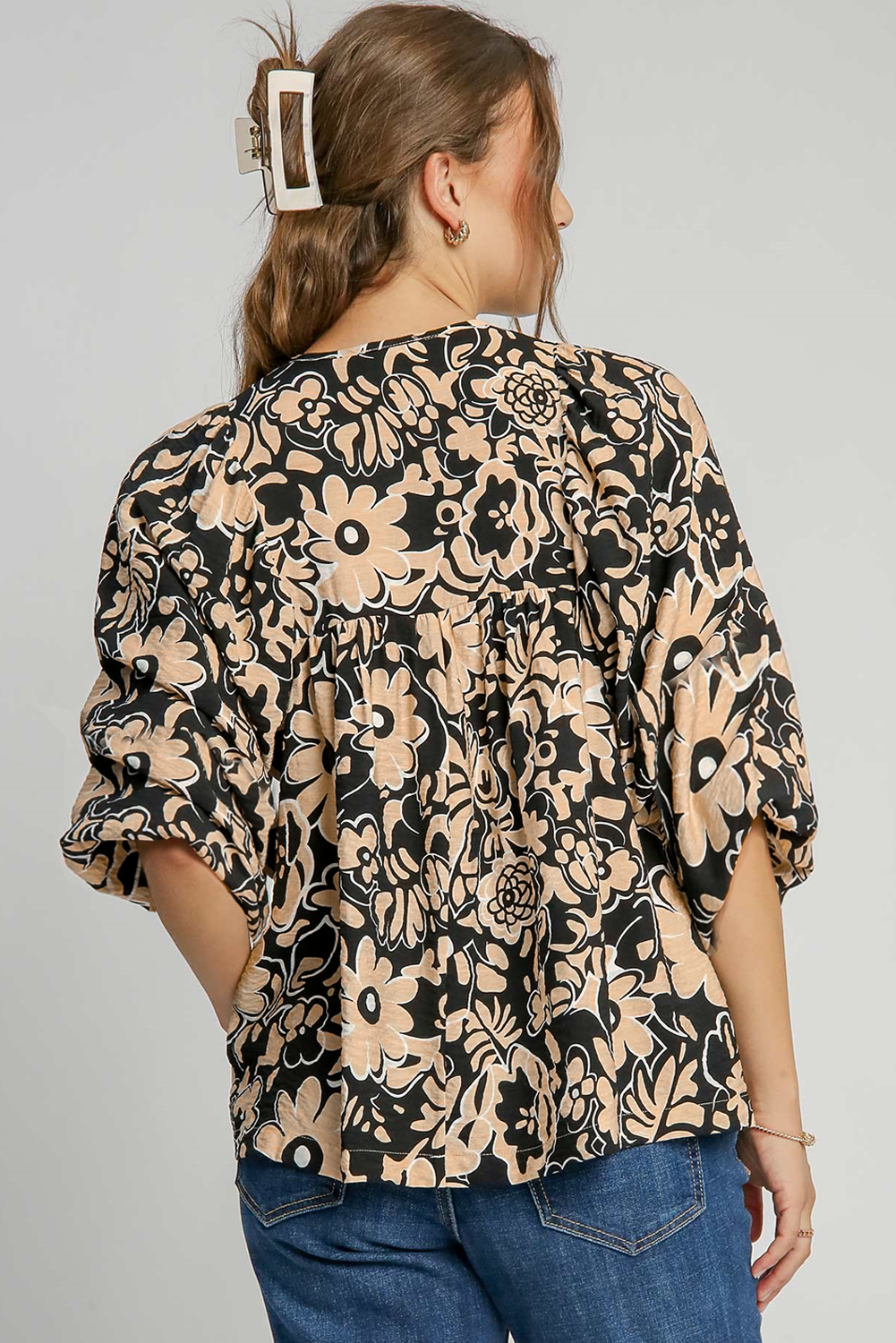 Chic Floral Print Blouse - Relaxed Fit, Split Neck, and Lace Up Detail - Detail View 2 Chic Floral Print Blouse - Relaxed Fit, Split Neck, and Lace Up Detail - Detail View 2