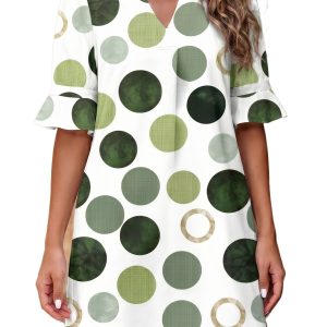 Women's Green Polka Dot Mini Dress – Casual Summer Shift - Main View