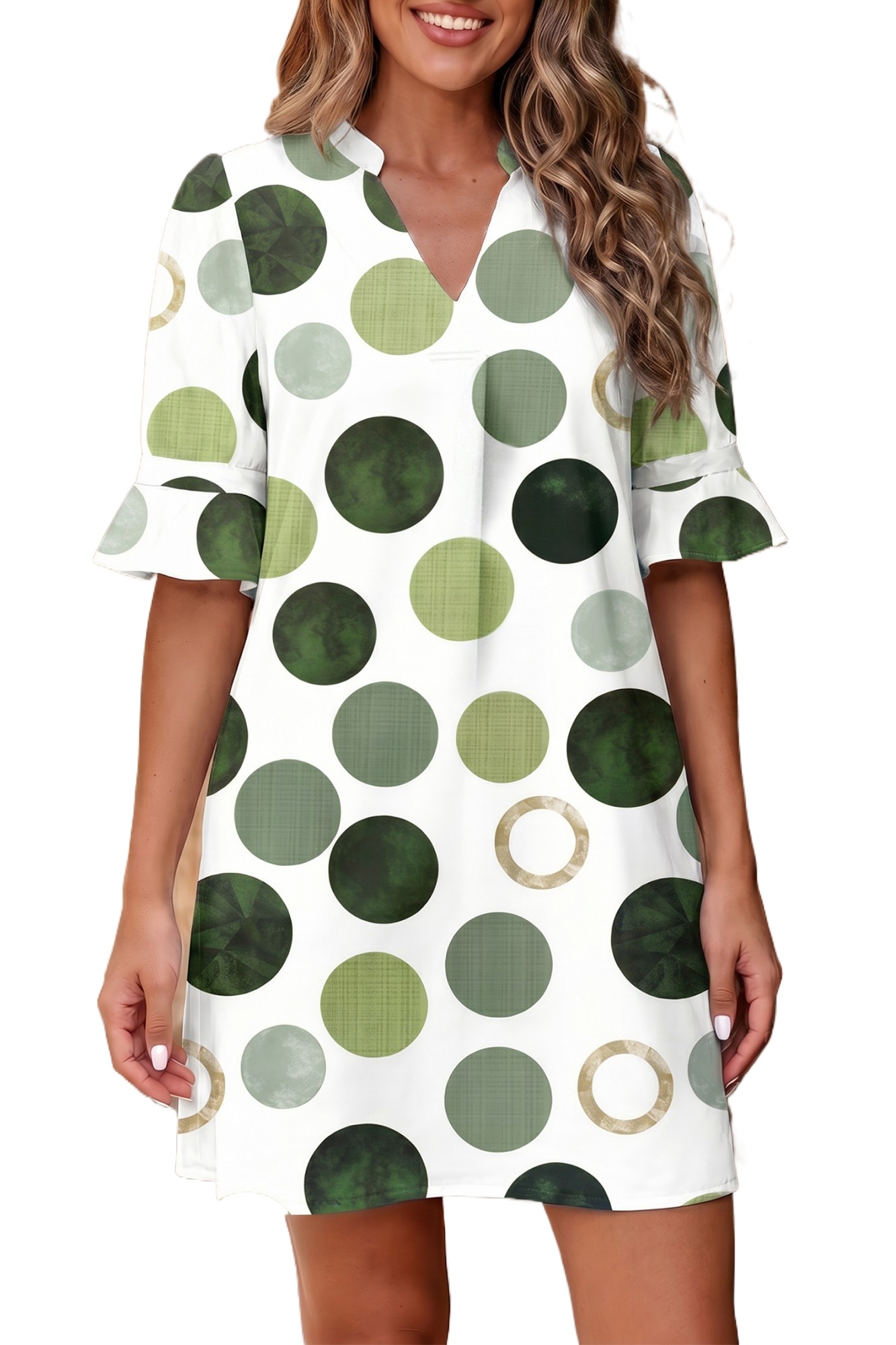 Women's Green Polka Dot Mini Dress – Casual Summer Shift - Main View Women's Green Polka Dot Mini Dress – Casual Summer Shift - Main View