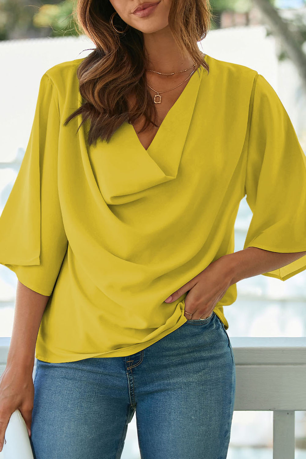Casual V-Neck Draped Blouse for Women – Summer Half Sleeve - Detail View 11 Casual V-Neck Draped Blouse for Women – Summer Half Sleeve - Detail View 11