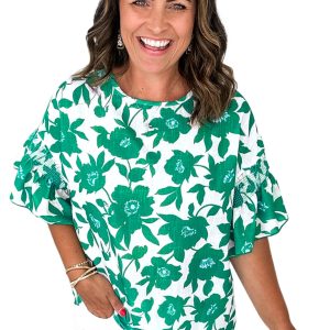 Women's Green Floral Printed Ruffled Short Sleeve Blouse - Stylish and Comfortable - Main View