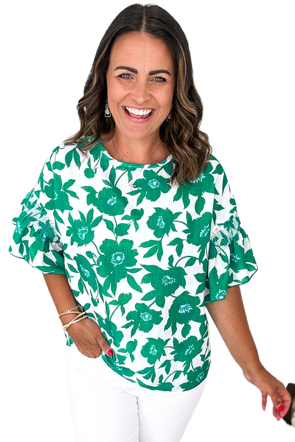 Women's Green Floral Printed Ruffled Short Sleeve Blouse - Stylish and Comfortable - Main View Women's Green Floral Printed Ruffled Short Sleeve Blouse - Stylish and Comfortable - Main View