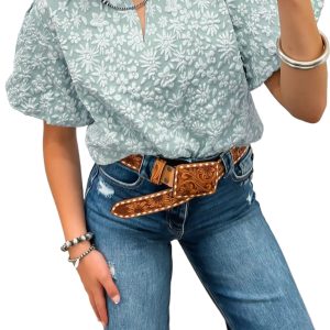 Women's Iceland Blue Floral Jacquard Blouse – V Neck Puff Sleeve Textured Summer Top - Main View