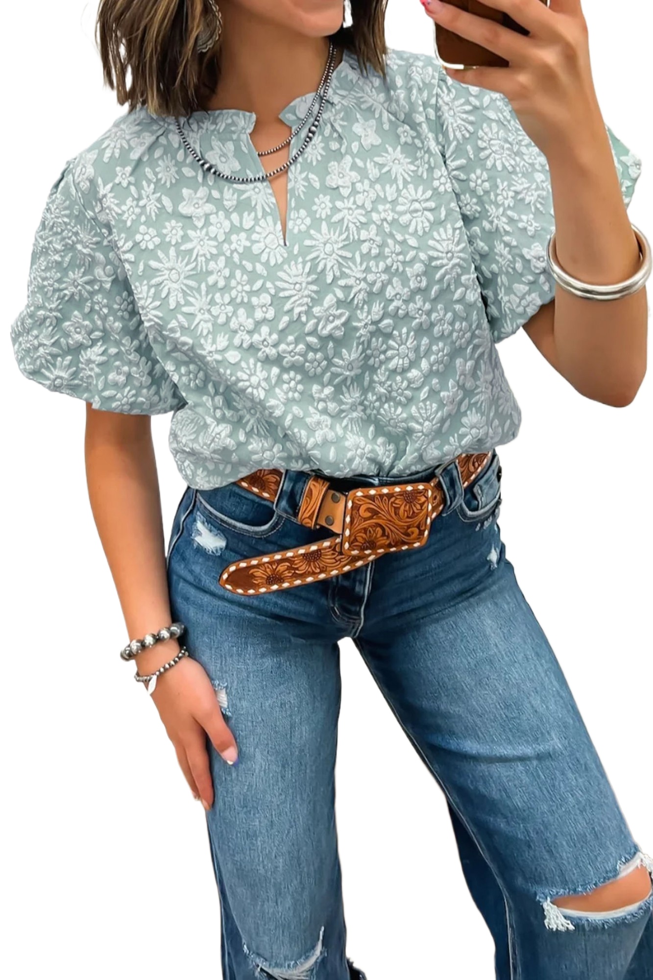 Women's Iceland Blue Floral Jacquard Blouse – V Neck Puff Sleeve Textured Summer Top - Main View Women's Iceland Blue Floral Jacquard Blouse – V Neck Puff Sleeve Textured Summer Top - Main View