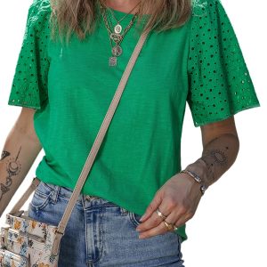 Bright Green Eyelet Embroidered Patchwork Shift Top for Women - Main View