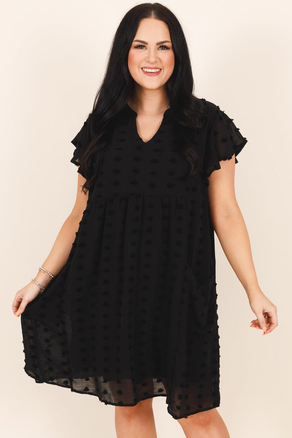 Feminine Plus Size Mini Dress - Black Polka Dot Texture and Ruffled Details - Detail View 6 Feminine Plus Size Mini Dress - Black Polka Dot Texture and Ruffled Details - Detail View 6