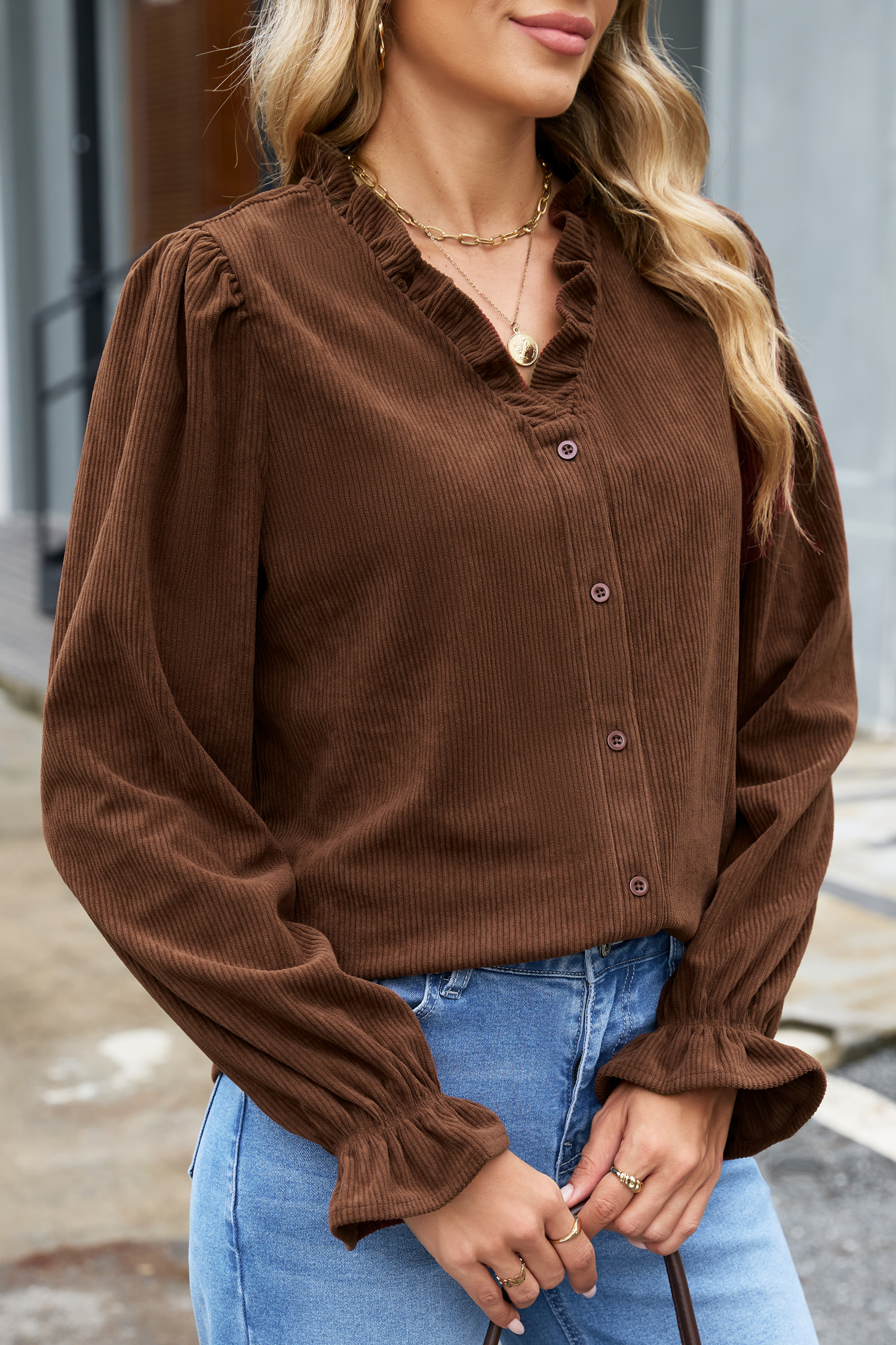 Casual Coffee Brown Corduroy Top – Women's Button-Down Shirt - Detail View 5 Casual Coffee Brown Corduroy Top – Women's Button-Down Shirt - Detail View 5