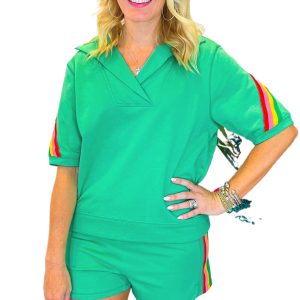 Women's Sea Green Rainbow Colorblock Collared Short Sleeve Top & Shorts Set - Main View