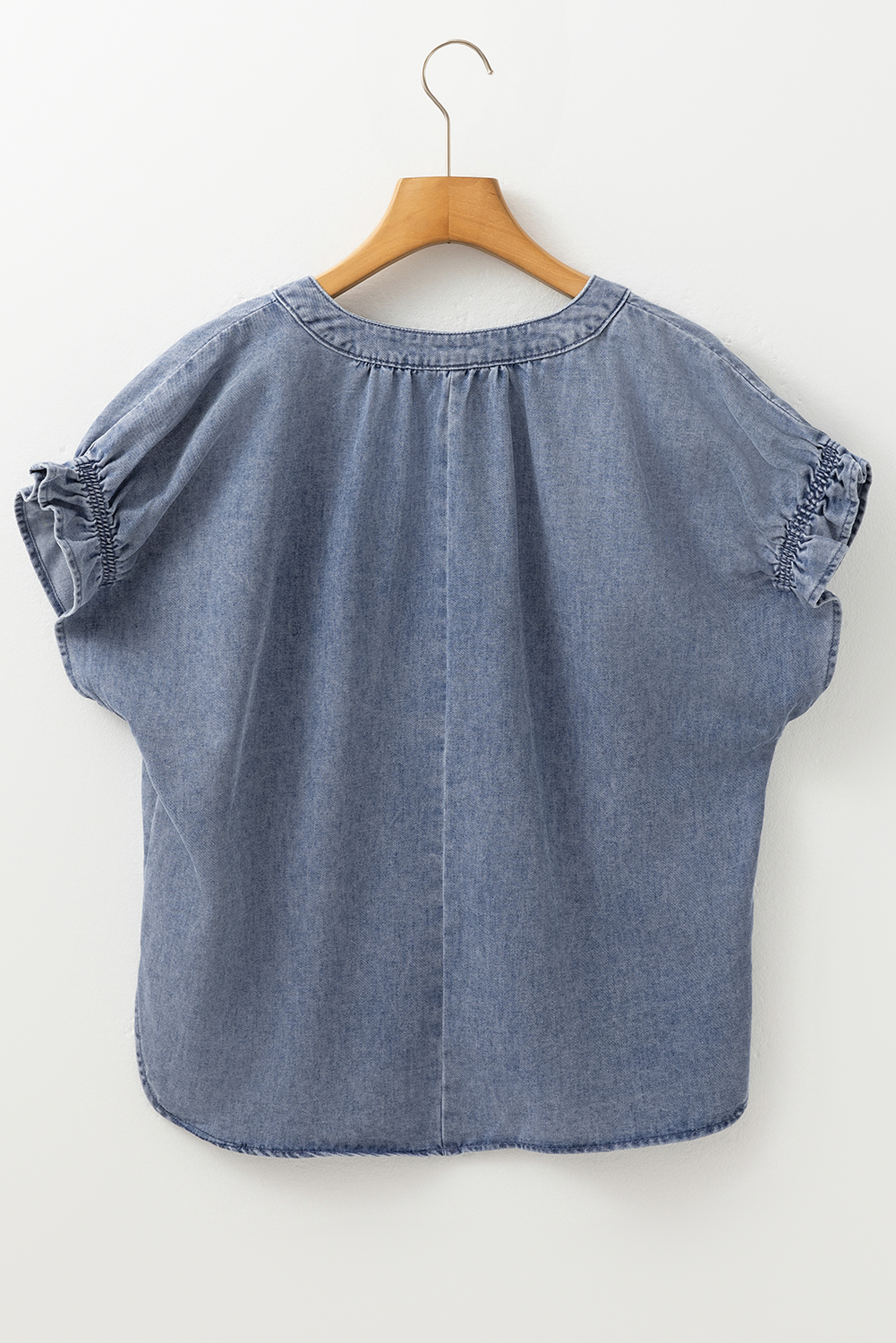 Women's Denim Top, Dusk Blue, V Neck, Ruffled Detail, Short Puff Sleeves, Casual Style, Comfortable, Summer Fashion, Flattering Fit, Trendy Design, Daily Wear, Tops, Tops & Tees - Detail View 8 Women's Denim Top, Dusk Blue, V Neck, Ruffled Detail, Short Puff Sleeves, Casual Style, Comfortable, Summer Fashion, Flattering Fit, Trendy Design, Daily Wear, Tops, Tops & Tees - Detail View 8