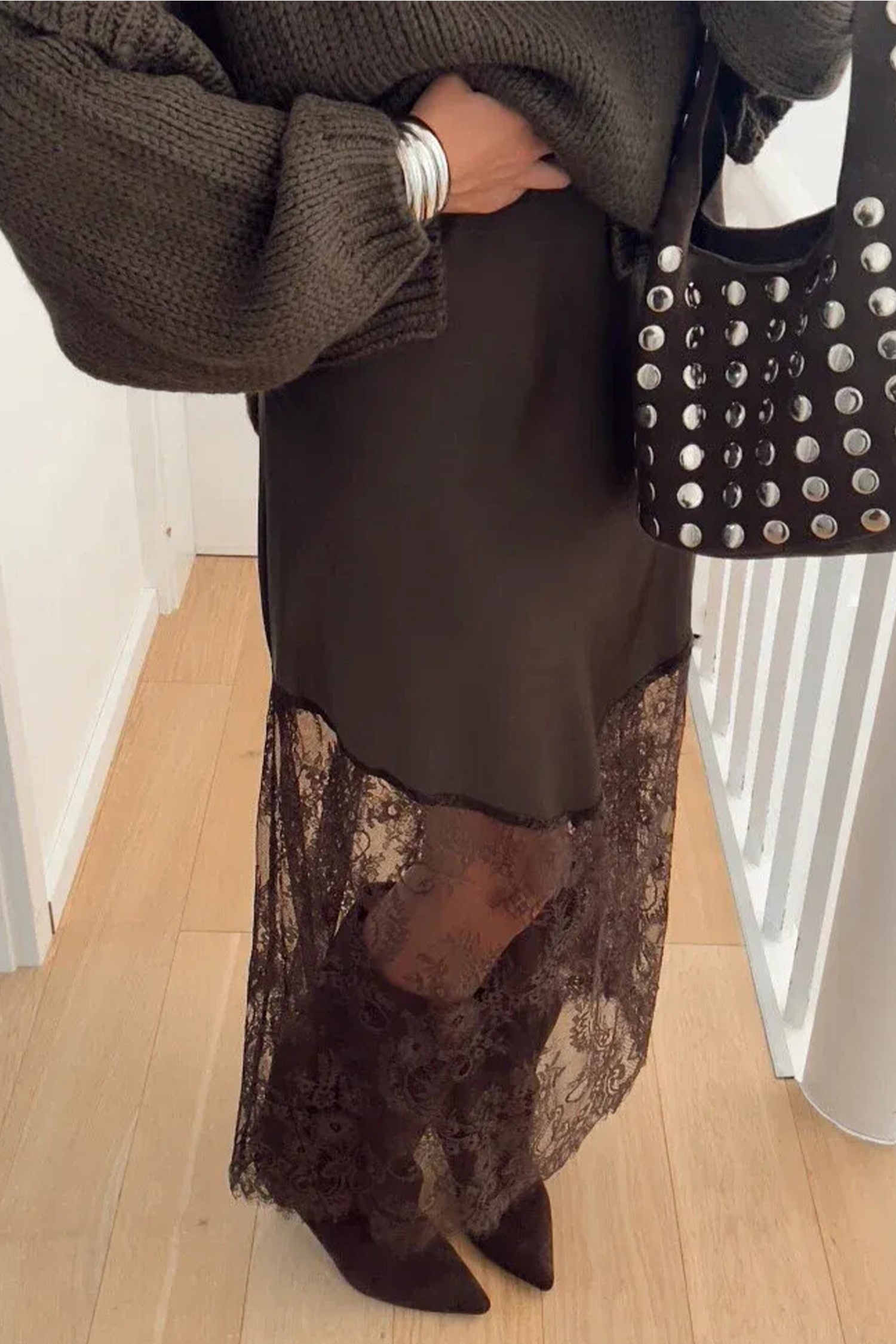 Women's Dark Brown Satin Skirt, Lace Patchwork Maxi Hem - Detail View 7 Women's Dark Brown Satin Skirt, Lace Patchwork Maxi Hem - Detail View 7