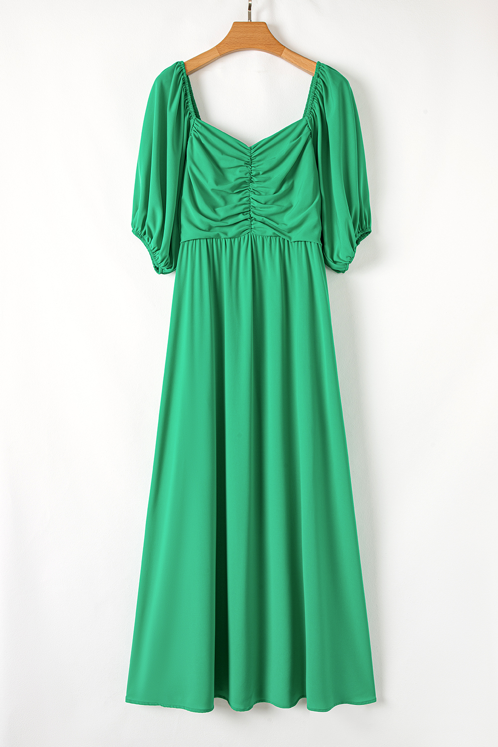 Plus Size Dress, Bright Green, Ruched Front, Puff Sleeve, Long Dress, Elegant, A-Line Silhouette, V Neck, High Waist, Casual Style, Formal Wear, Summer Fashion, Trendy Dress - Detail View 8 Plus Size Dress, Bright Green, Ruched Front, Puff Sleeve, Long Dress, Elegant, A-Line Silhouette, V Neck, High Waist, Casual Style, Formal Wear, Summer Fashion, Trendy Dress - Detail View 8