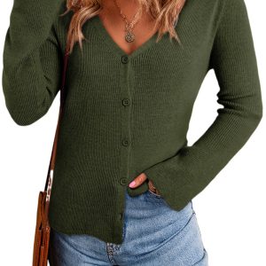 Women's Moss Green Lightweight Ribbed Knit Button Front V Neck Cardigan for Daily Wear - Main View