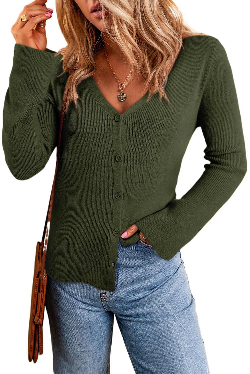 Women's Moss Green Lightweight Ribbed Knit Button Front V Neck Cardigan for Daily Wear - Main View Women's Moss Green Lightweight Ribbed Knit Button Front V Neck Cardigan for Daily Wear - Main View