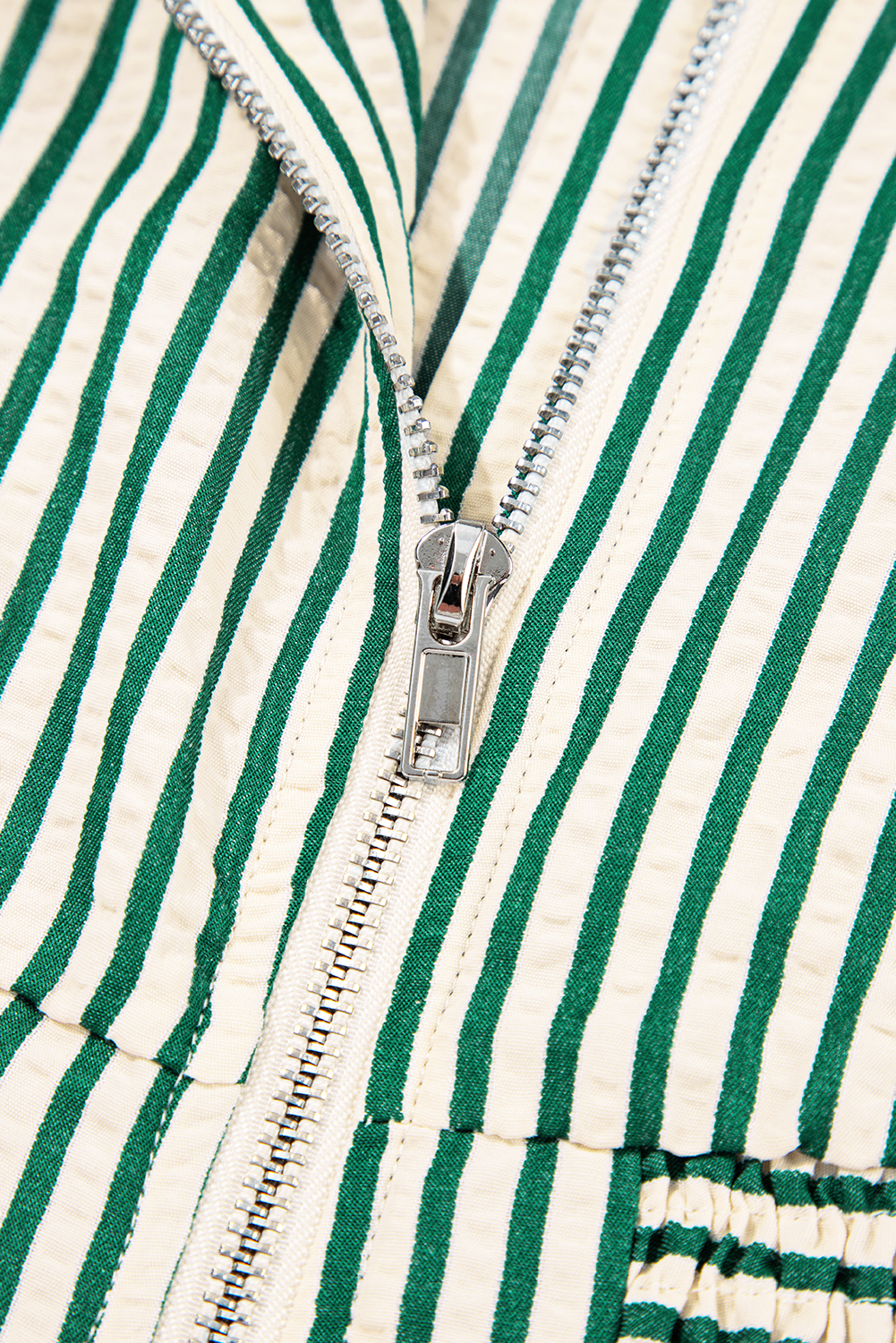Chic Green Stripe V Neck Zip Front Cinched High Waist Midi Dress for Women - Detail View 13 Chic Green Stripe V Neck Zip Front Cinched High Waist Midi Dress for Women - Detail View 13