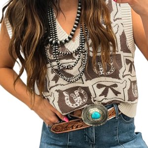 Women's Western V Neck Sweater Vest – Brown Horseshoe and Bow Print, Sleeveless Summer Knit Top - Main View