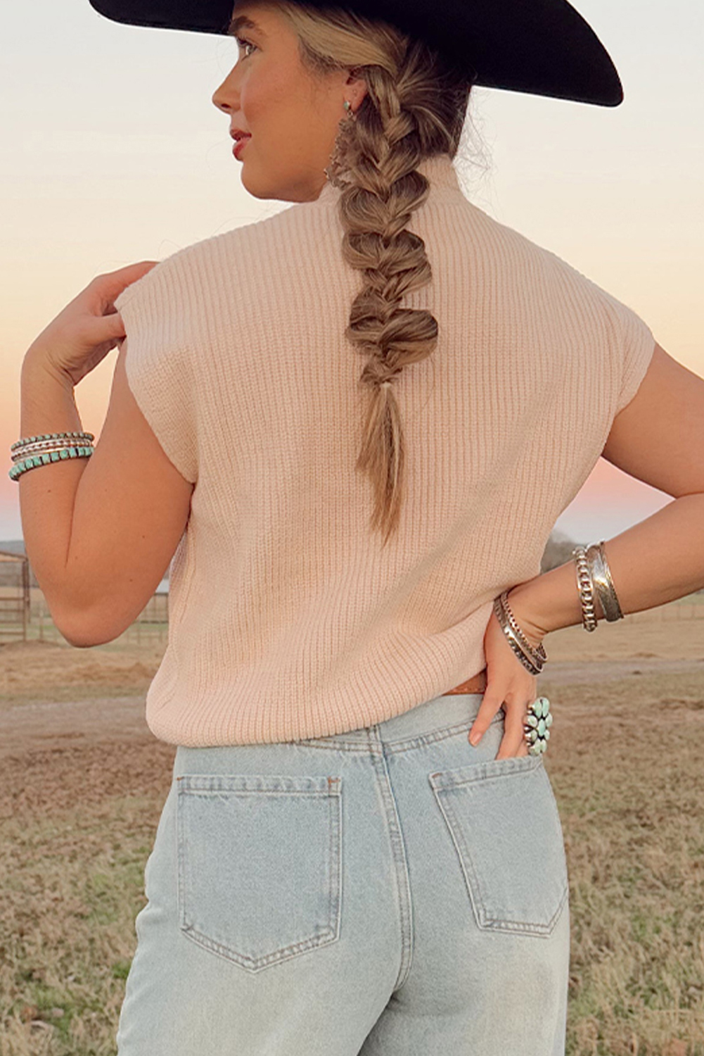 Stylish Western Print High Neck Sweater with Cap Sleeves - Oatmeal - Detail View 2 Stylish Western Print High Neck Sweater with Cap Sleeves - Oatmeal - Detail View 2