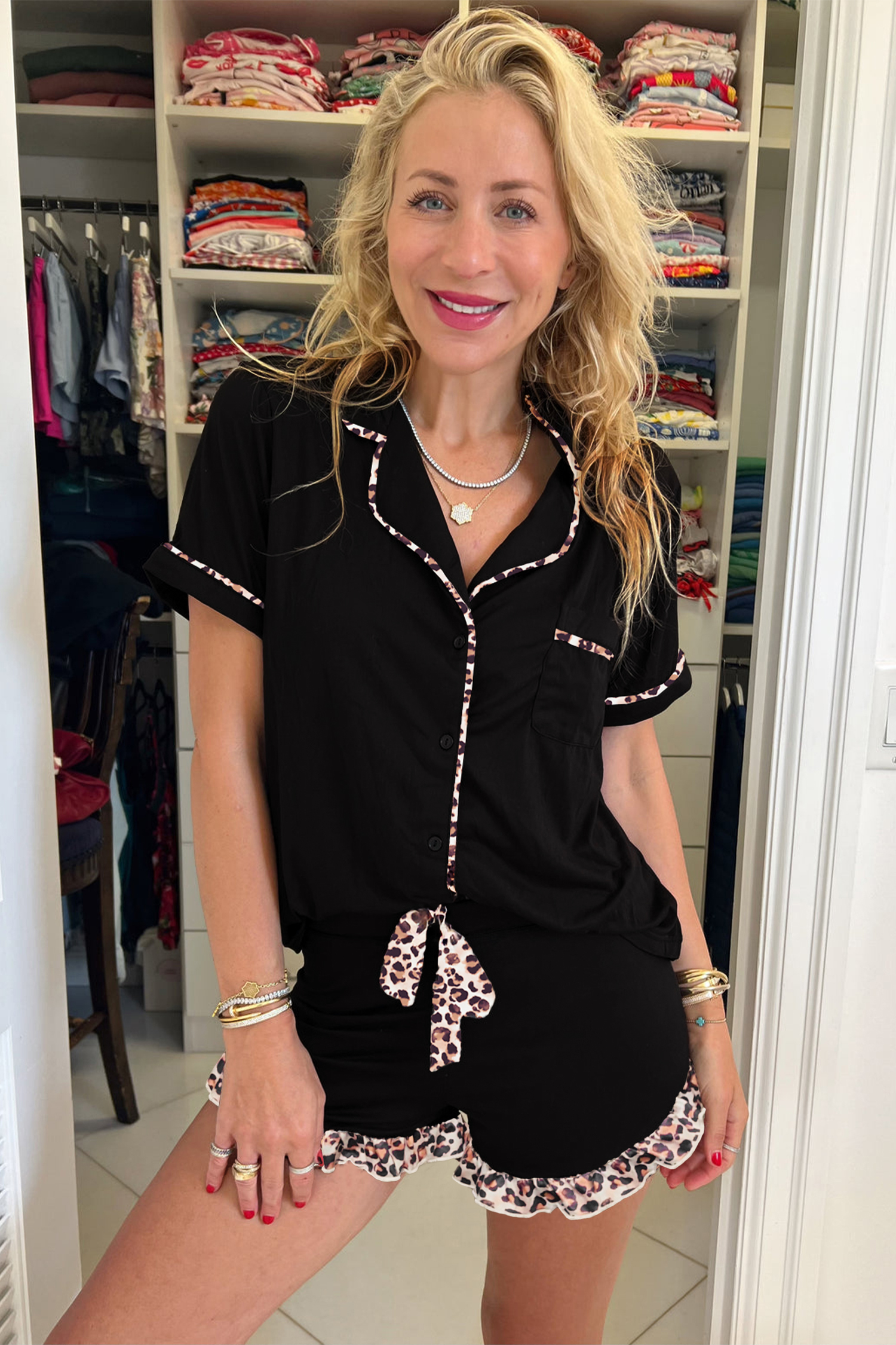 Casual Women's 2-Piece Pajama Set – Black Leopard Trim Shirt and Shorts, Soft Summer Loungewear Outfit - Detail View 2 Casual Women's 2-Piece Pajama Set – Black Leopard Trim Shirt and Shorts, Soft Summer Loungewear Outfit - Detail View 2