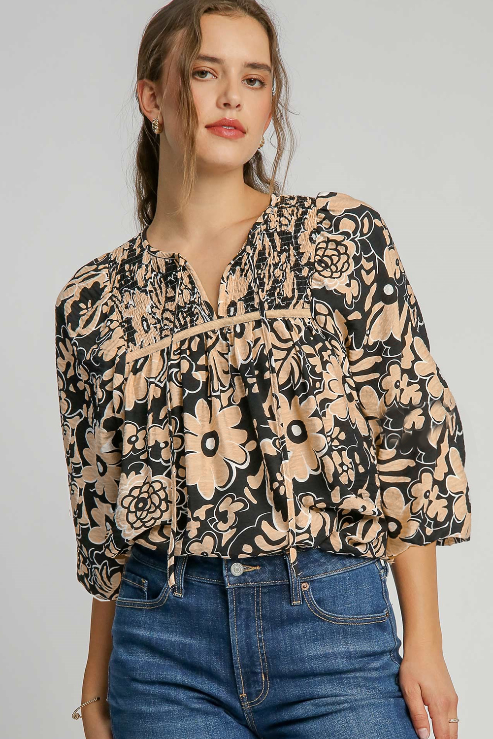Elegant Black Bohemian Blouse with Shirred Yoke and Bracelet Sleeves for Daily Wear - Detail View 3 Elegant Black Bohemian Blouse with Shirred Yoke and Bracelet Sleeves for Daily Wear - Detail View 3