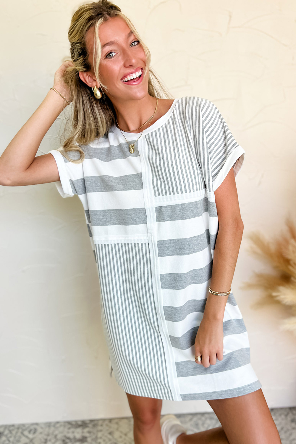 Chic and Casual Gray Striped Short Sleeve Shift Dress for Summer - Detail View 6 Chic and Casual Gray Striped Short Sleeve Shift Dress for Summer - Detail View 6