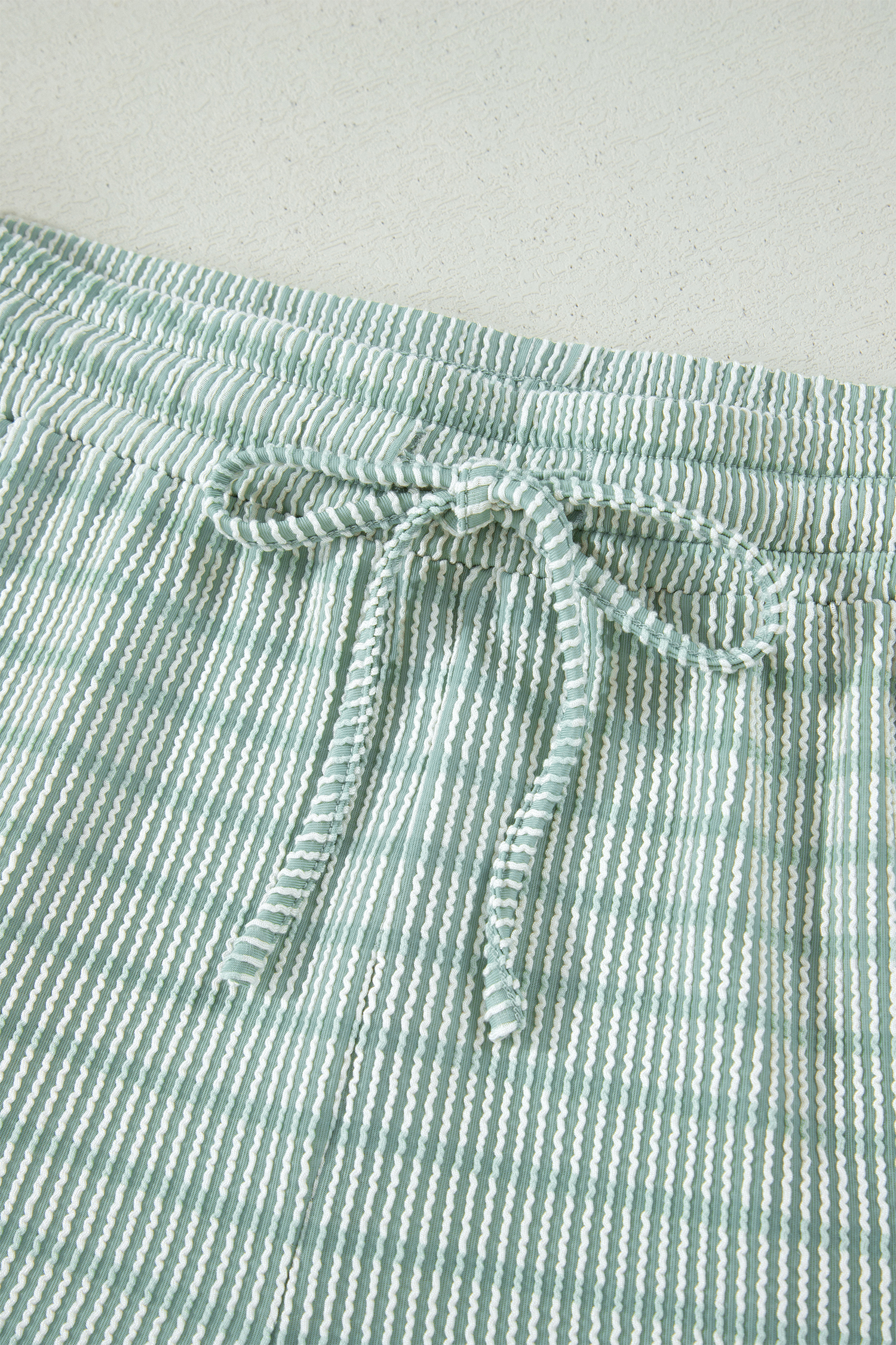 Women's 2-Piece Striped Short Set – Green Ribbed Loose Tee and Drawstring Shorts, Casual Daily Outfit - Detail View 13 Women's 2-Piece Striped Short Set – Green Ribbed Loose Tee and Drawstring Shorts, Casual Daily Outfit - Detail View 13