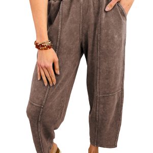Women's Barrel Pants, Coffee Mineral Wash High Waist Trousers - Main View